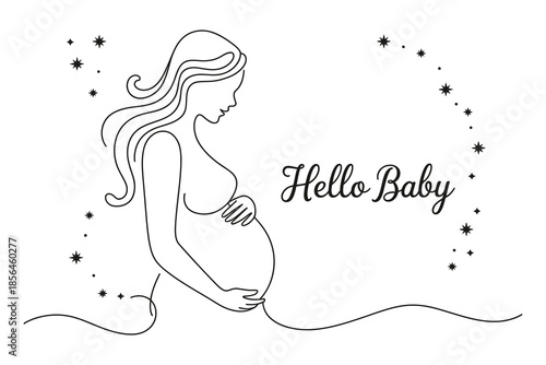 A pregnant woman with long hair and stars surrounding her with the words Hello Baby
