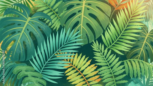 Whisk elements in a lush, vibrant jungle scene with lush foliage, greenery, leaves, and plants from an overhead viewpoint