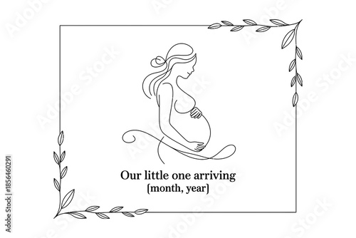 A pregnant woman with long hair sitting in a leafy frame announcing the arrival of her baby