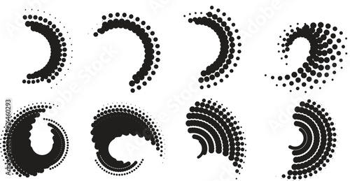 Set of abstract halftone circular graphic elements dynamic dot patterns for design and branding isolated on white background