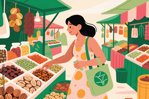 Woman shopping at an outdoor market with a reusable bag, selecting dried fruits and nuts. A vibrant moment of sustainable living.