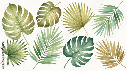 Tropical leaves and plants in a serene environment viewed from above, featuring various species and hues of green and yellow