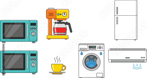 Home appliances illustration set, microwave coffee machine refrigerator washing machine air conditioner, modern household electronics isolated white background