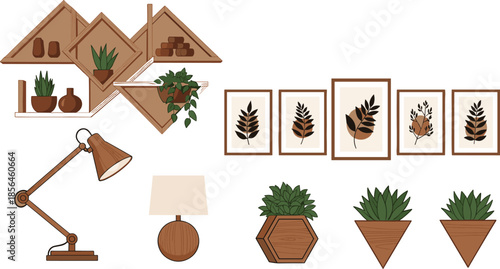 Home decor set with wooden shelves, wall art frames, indoor plants, table lamps, modern cozy interior illustration