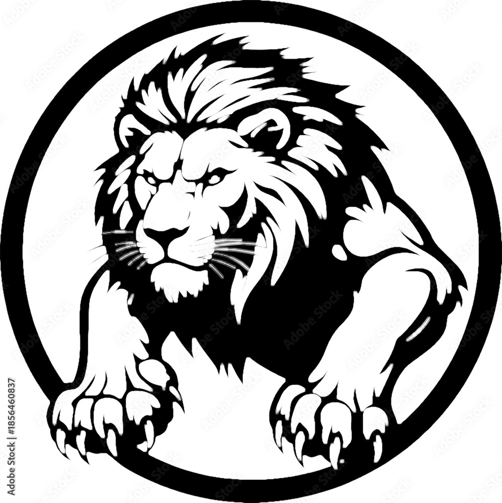Fototapeta premium Majestic black and white lion circular emblem featuring a powerful profile.