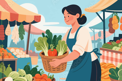 Woman holding a basket of fresh vegetables at a lively outdoor market. A joyful moment of healthy living and local food sourcing.