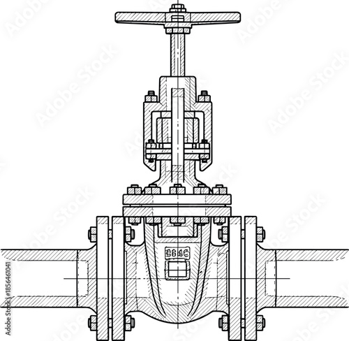 Industrial gate valve cross section, mechanical engineering cutaway drawing, pipeline shutoff valve technical illustration, industrial equipment schematic