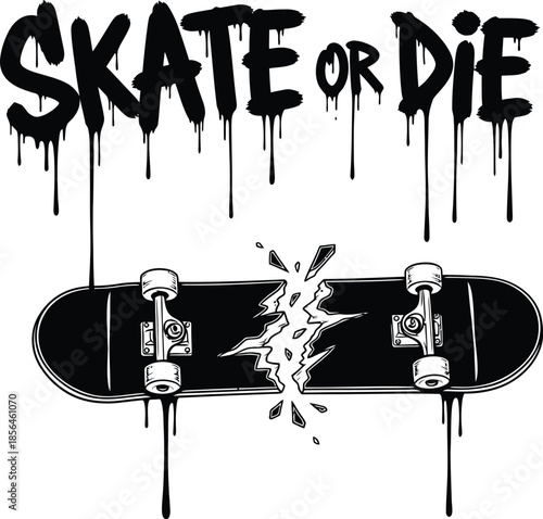 Broken skateboard skate or die vector illustration for extreme sports and urban street culture
