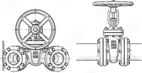 Industrial gate valve technical drawing illustration, mechanical engineering pipeline component, industrial equipment blueprint, detailed valve design schematic