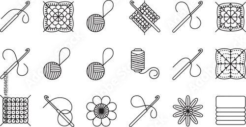Black and white line art icons of crochet tools and motifs hook yarn