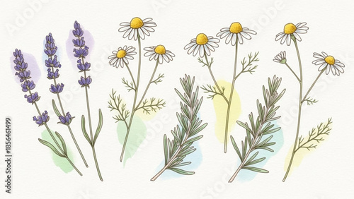 Whisk-inspired floral arrangement featuring lavender, chamomile, and rosemary in a serene botanical illustration