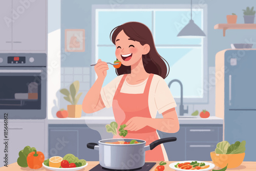 Woman cooking in a bright modern kitchen, tasting food with a smile while holding fresh vegetables. A joyful moment of healthy home cooking.