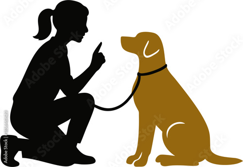 
Silhouette of a woman with her dog outdoors, bond between human and pet, emotional animal friendship vector illustration.