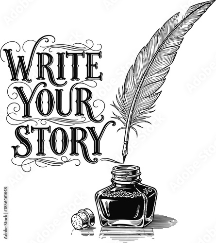 Feather quill pen write your story vector illustration for authors and creative writing inspiration