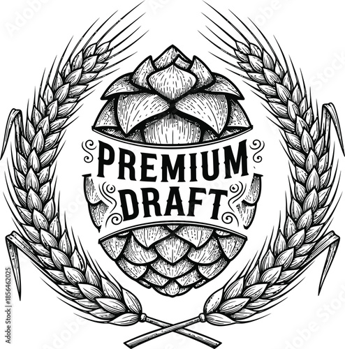 Hops wreath premium draft beer vector illustration for craft brewery alcohol beverage label design and bar pub logo isolated black on transparent