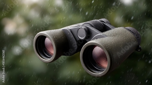 Close up of a pair of dark green binoculars with raindrops on them set against a blurred green outdoor background on a rainy day