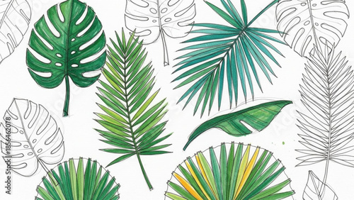 Tropical leaves pattern with whisk-shaped illustrations in a vibrant botanical design