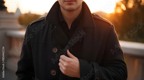 Man in stylish dark trench coat during a golden hour sunset outdoor atmospheric portrait