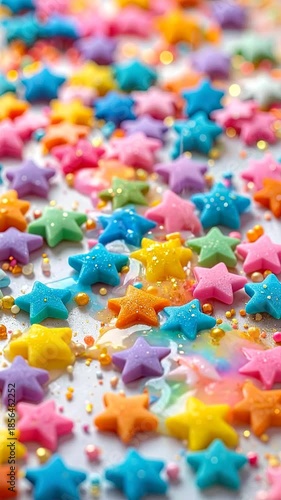 A vibrant array of colorful star-shaped sprinkles, cascading and scattered on a white surface