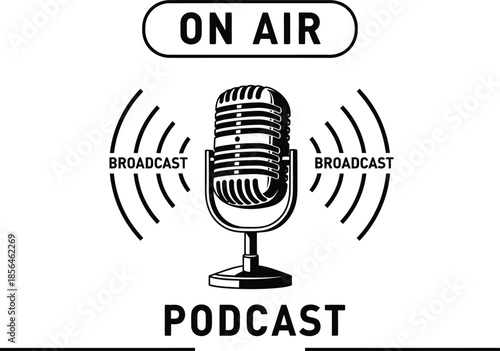 Microphone on air podcast vector illustration for radio station broadcast and audio recording studio