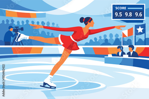 Corporate modern illustration of figure skater performing dynamic jump on ice rink.