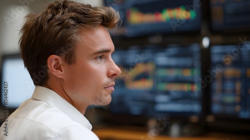 Focused man in profile looking at financial market charts displayed on multiple blurred computer screens