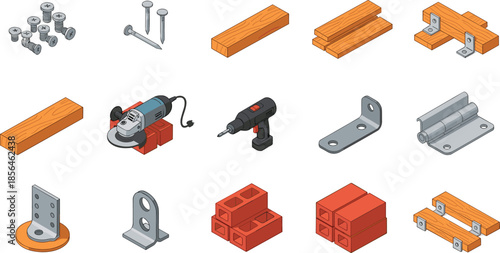 Construction tools and materials illustration set, screws nails wood bricks hardware equipment, building supplies collection, isometric design elements