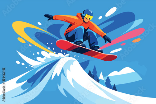 Corporate modern illustration of snowboarder jumping over snow ramp freestyle scene.