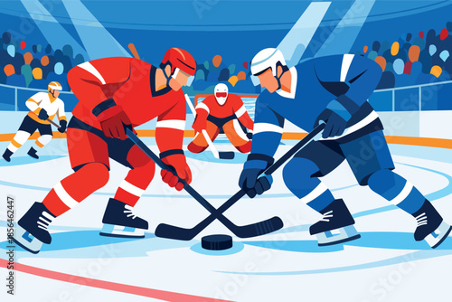Corporate modern illustration of ice hockey players competing for puck on rink.