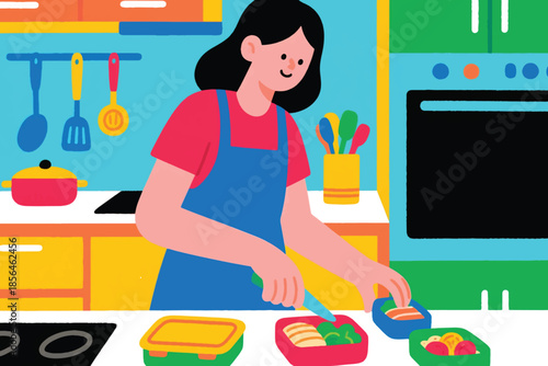 Person slicing food and placing it into containers in a bright kitchen. A cheerful moment of meal prep.