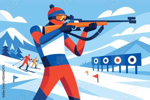 Corporate modern illustration of biathlon athlete aiming rifle during winter race.