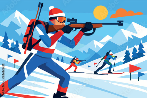 Corporate modern illustration of biathlon athlete aiming rifle during winter race.