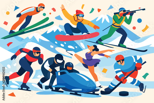Corporate modern illustration combining multiple winter Olympic sports in dynamic scene.