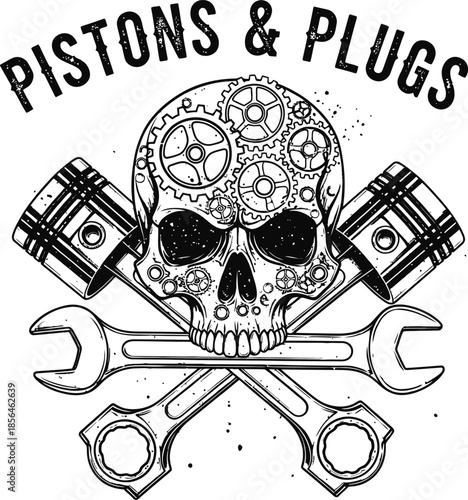 Skull with pistons and wrenches mechanic vector illustration for auto repair garage motorcycle club and engine service design isolated black on transparent