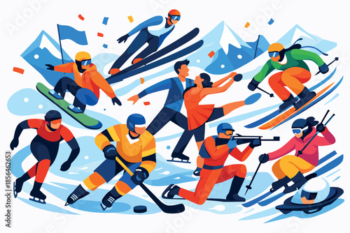 Corporate modern illustration combining multiple winter Olympic sports in dynamic scene.