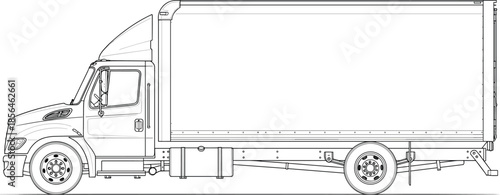 Delivery box truck side view outline, commercial cargo vehicle line drawing, logistics transport illustration isolated on white