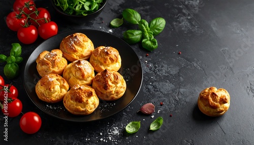 Delicious profiteroles with fresh basil and tomatoes served on a black background