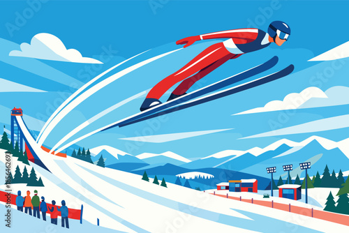 Corporate modern illustration of ski jumper flying over snowy hill trajectory.