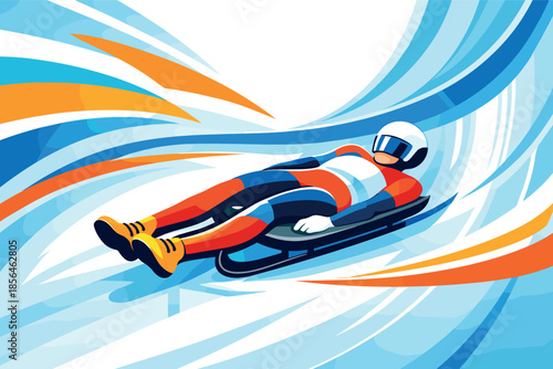 Corporate modern illustration of luge athlete sliding through curved ice track.