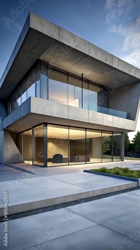 Modern architectural structure with expansive glass walls and a sleek concrete exterior under a bright sky