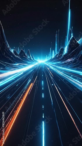 A neon blue and orange light-streaked road leads to a bright light within a dark landscape