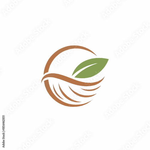 Abstract circular logo with a green leaf and flowing brown lines.