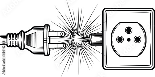 Electric plug and socket illustration, power connection spark concept, electrical energy safety symbol, household electricity outlet, black line art