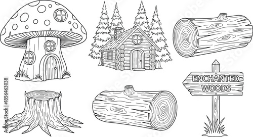 Enchanted forest elements illustration, fairy tale mushroom house wooden cabin logs stumps sign, fantasy woodland line art vector