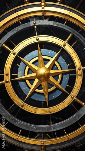 Close-up of a detailed, golden, and blue compass rose, radiating from the center