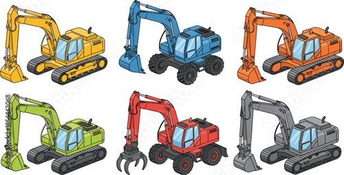 Excavator construction machines set, colorful heavy equipment vehicles, digging machinery variations, industrial engineering, earthmoving equipment illustration
