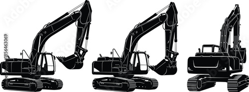 Excavator machinery silhouette set, construction heavy equipment illustration, hydraulic digger vehicles collection, industrial engineering, black vector design