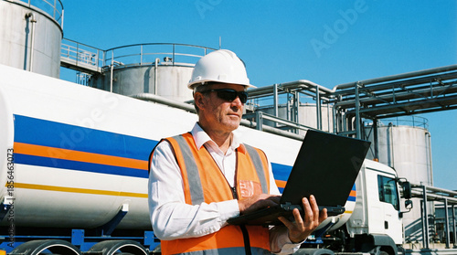 Wallpaper Mural Industrial worker with laptop standing in front of tanker truck Torontodigital.ca