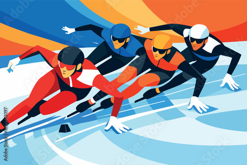 Corporate modern illustration of short track speed skaters competing in sharp turn.