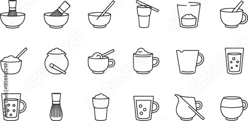 Collection of minimalist black and white line art icons for matcha tea preparation and beverages whisk
